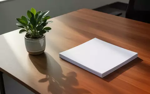 Ein minimalistischer, moderner Schreibtisch mit einer Grünpflanze und einem Stapel leerem Papier im sanften Morgenlicht. - Foto: über boerse-global.de