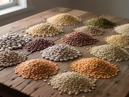 Eine Nahaufnahme von verschiedenen getrockneten Hülsenfrüchten und Getreidesorten, die ordentlich auf einem Holztisch angeordnet sind. - Foto: über boerse-global.de