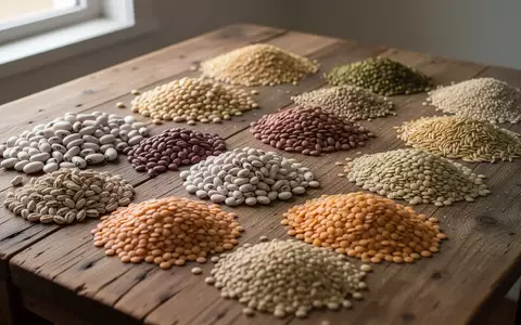 Eine Nahaufnahme von verschiedenen getrockneten Hülsenfrüchten und Getreidesorten, die ordentlich auf einem Holztisch angeordnet sind. - Foto: über boerse-global.de