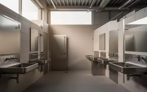 Ein moderner, minimalistisch gestalteter Sanitärraum in einem Industriebetrieb mit neutralen Fliesen und Edelstahlarmaturen. - Foto: über boerse-global.de