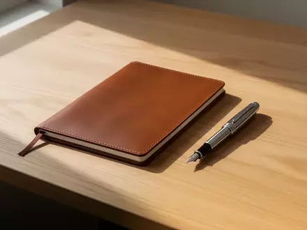 Ein minimalistischer Schreibtisch aus Eichenholz mit einem leeren Notizbuch und einem Füllfederhalter. - Foto: über boerse-global.de