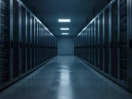 Ein modern beleuchteter Serverraum mit metallischen Rack-Schränken in einer dunklen, minimalistischen Umgebung. - Foto: über boerse-global.de
