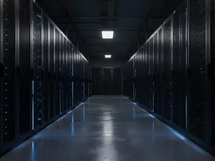 Ein dunkler, minimalistischer Serverraum mit blauen Lichtakzenten und glattem Betonboden. - Foto: über boerse-global.de