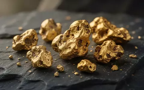 Nahaufnahme von rohen Goldnuggets auf einer dunklen, strukturierten geologischen Oberfläche. - Foto: über boerse-global.de