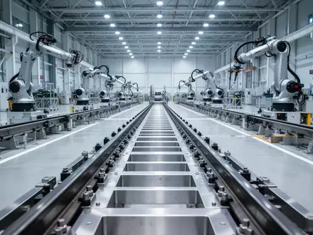 Eine weitläufige, moderne Fabrikhalle zur industriellen Fertigung mit präzisen Robotik-Systemen in einer sterilen Umgebung. - Foto: über boerse-global.de