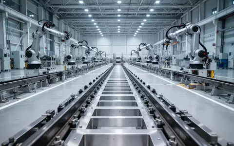 Eine weitläufige, moderne Fabrikhalle zur industriellen Fertigung mit präzisen Robotik-Systemen in einer sterilen Umgebung. - Foto: über boerse-global.de
