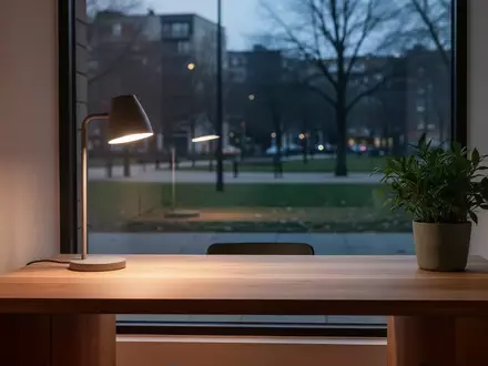 Ein minimalistisch eingerichteter Arbeitsplatz mit einem Holztisch und einer Schreibtischlampe vor einem Fenster. - Foto: über boerse-global.de