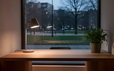 Ein minimalistisch eingerichteter Arbeitsplatz mit einem Holztisch und einer Schreibtischlampe vor einem Fenster. - Foto: über boerse-global.de