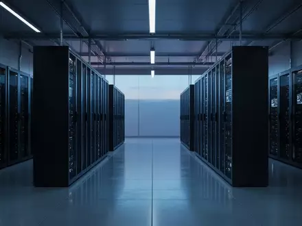 Ein minimalistischer, moderner Serverraum mit symmetrischen Server-Racks in einer ruhigen, bläulich beleuchteten Umgebung. - Foto: über boerse-global.de