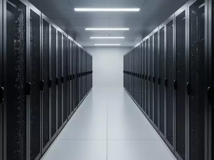 Leere, moderne Serverraum-Gänge mit dunklen Metall-Serverracks in einer kühlen, professionellen Industrieumgebung. - Foto: über boerse-global.de