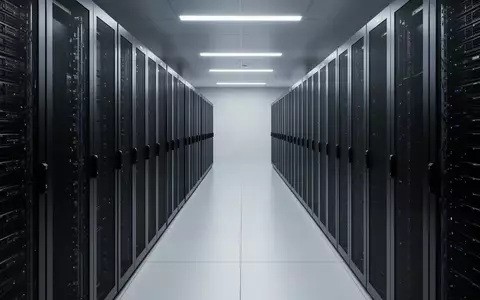 Leere, moderne Serverraum-Gänge mit dunklen Metall-Serverracks in einer kühlen, professionellen Industrieumgebung. - Foto: über boerse-global.de