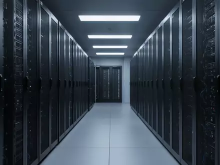 Modernes Rechenzentrum mit dunklen Server-Racks in einer minimalistischen, blau beleuchteten Umgebung. - Foto: über boerse-global.de