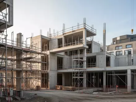 Eine Baustelle mit Rohbau-Strukturen und Gerüsten vor einem klaren Himmel als Symbol für die Umwandlung von Büroflächen in Wohnraum. - Foto: über boerse-global.de