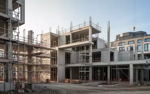 Eine Baustelle mit Rohbau-Strukturen und Gerüsten vor einem klaren Himmel als Symbol für die Umwandlung von Büroflächen in Wohnraum. - Foto: über boerse-global.de