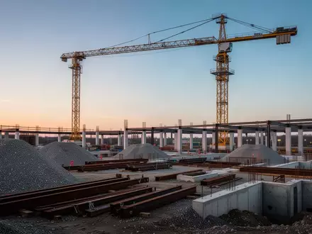 Eine Baustelle mit einem gelben Baukran und Fundamenten für ein großes Infrastrukturprojekt bei Sonnenuntergang. - Foto: über boerse-global.de
