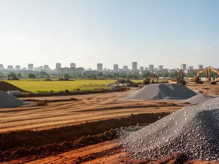Weitläufige Baustelle auf einer freien Fläche mit aufgeschütteter Erde und Kies bei strahlendem Sonnenschein. - Foto: über boerse-global.de