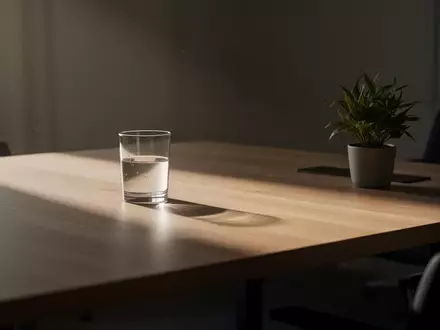 Ein minimalistischer, unaufgeräumter Schreibtisch mit einer Pflanze und einem Glas Wasser in sanftem Morgenlicht. - Foto: über boerse-global.de