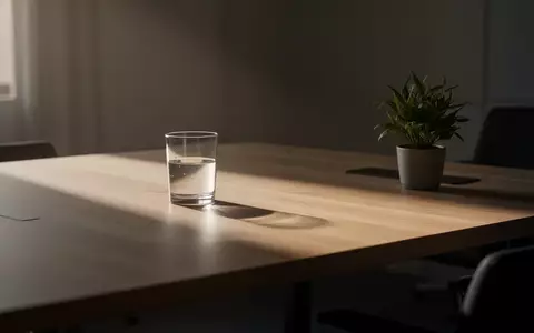 Ein minimalistischer, unaufgeräumter Schreibtisch mit einer Pflanze und einem Glas Wasser in sanftem Morgenlicht. - Foto: über boerse-global.de