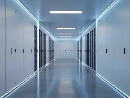 Ein moderner, minimalistischer Serverraum mit blauer Beleuchtung und poliertem Boden, der eine sichere digitale Infrastruktur symbolisiert. - Foto: über boerse-global.de