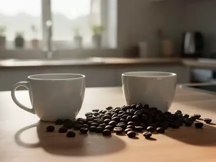 Eine einzelne leere weiße Kaffeetasse und eine Handvoll Kaffeebohnen auf einer hölzernen Arbeitsplatte im Morgenlicht. - Foto: über boerse-global.de