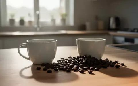 Eine einzelne leere weiße Kaffeetasse und eine Handvoll Kaffeebohnen auf einer hölzernen Arbeitsplatte im Morgenlicht. - Foto: über boerse-global.de