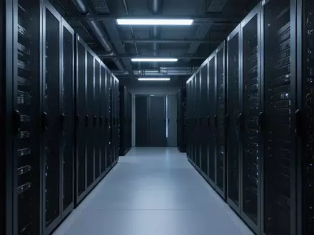 Dunkler Serverraum mit metallischen Server-Racks in kühler, blauer Beleuchtung. - Foto: über boerse-global.de