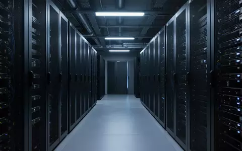 Dunkler Serverraum mit metallischen Server-Racks in kühler, blauer Beleuchtung. - Foto: über boerse-global.de