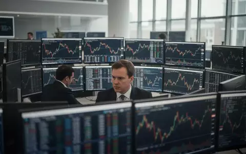 Ein Börsenhändler vor mehreren Bildschirmen in einem modernen Bürogebäude bei natürlichem Tageslicht. - Foto: über boerse-global.de
