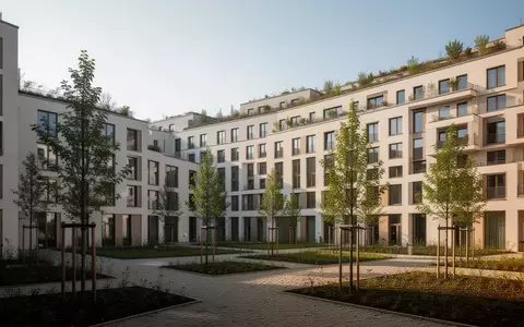 Ein modernes Wohngebäude mit begrünter Dachfläche und einer gepflegten Außenanlage in einem Berliner Stadtquartier. - Foto: über boerse-global.de