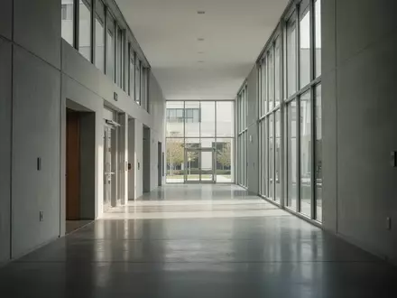 Moderner, minimalistischer Flur in einem Behördengebäude mit neutralen Wänden und Tageslichteinfall. - Foto: über boerse-global.de