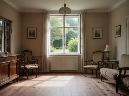 Ein lichtdurchflutetes, ruhiges Wohnzimmer in einem Altbau mit Blick in einen Garten, das ein Gefühl von Beständigkeit vermittelt. - Foto: über boerse-global.de