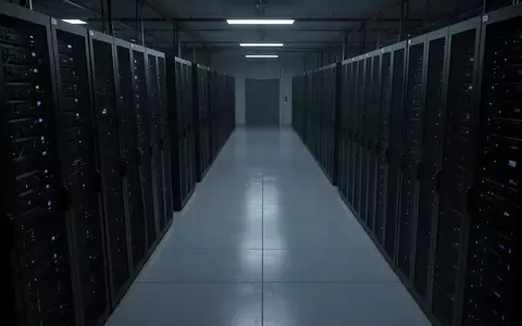 Ein dunkler, moderner Serverraum mit langen Reihen unbeschrifteter Serverschränke in kühlem, gedimmtem Licht. - Foto: über boerse-global.de