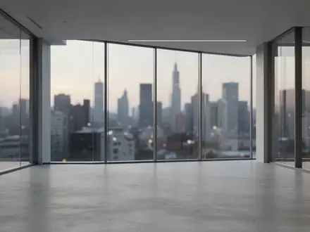 Ein minimalistischer, leerer moderner Büroraum mit raumhohen Fenstern und Blick auf eine verschwommene Stadt bei Dämmerung. - Foto: über boerse-global.de