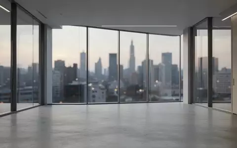 Ein minimalistischer, leerer moderner Büroraum mit raumhohen Fenstern und Blick auf eine verschwommene Stadt bei Dämmerung. - Foto: über boerse-global.de