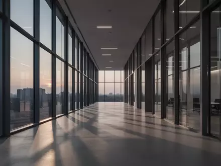 Ein minimalistischer, moderner Büroflur mit Glasfassade und poliertem Betonboden in der Abenddämmerung. - Foto: über boerse-global.de