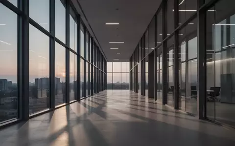 Ein minimalistischer, moderner Büroflur mit Glasfassade und poliertem Betonboden in der Abenddämmerung. - Foto: über boerse-global.de