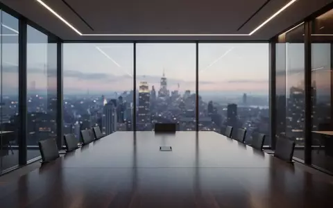 Ein minimalistischer, leerer Konferenzraum in einem modernen Hochhaus bei Abenddämmerung mit Blick auf die Skyline. - Foto: über boerse-global.de