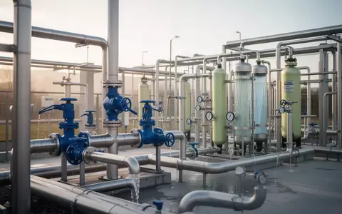 Moderne Wasseraufbereitungsanlage mit industriellen Rohrleitungen und Ventilen in hellem Tageslicht. - Foto: über boerse-global.de