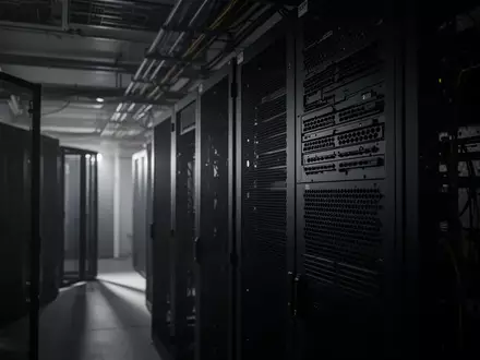 Ein dunkler, industrieller Serverraum mit leeren Serverschränken und schattigen Kabelkanälen. - Foto: über boerse-global.de