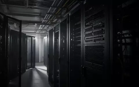 Ein dunkler, industrieller Serverraum mit leeren Serverschränken und schattigen Kabelkanälen. - Foto: über boerse-global.de