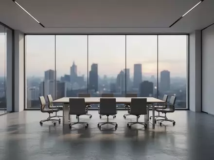 Ein minimalistischer, moderner Konferenzraum mit Glaswänden und Blick auf eine verschwommene nächtliche Stadtlandschaft. - Foto: über boerse-global.de