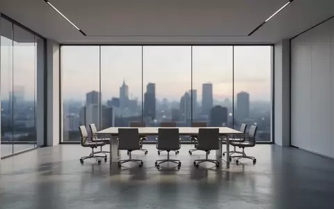 Ein minimalistischer, moderner Konferenzraum mit Glaswänden und Blick auf eine verschwommene nächtliche Stadtlandschaft. - Foto: über boerse-global.de