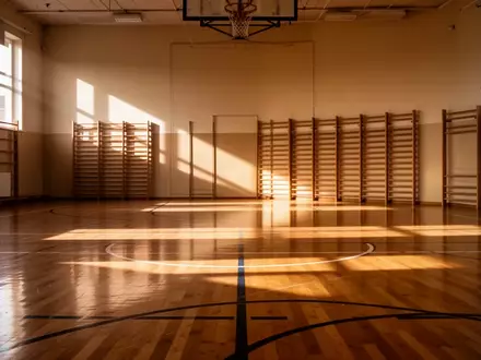 Eine leere, sonnendurchflutete Schulturnhalle mit poliertem Holzboden und Sprossenwänden. - Foto: über boerse-global.de