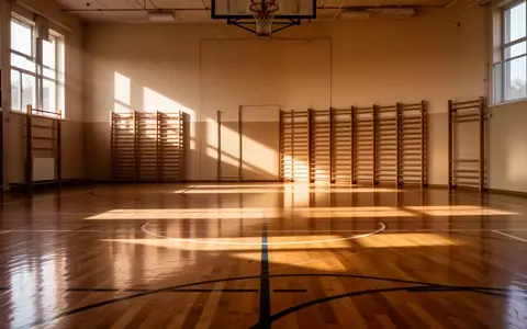 Eine leere, sonnendurchflutete Schulturnhalle mit poliertem Holzboden und Sprossenwänden. - Foto: über boerse-global.de
