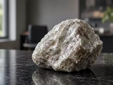 Ein rohes Lithium-Mineralgestein auf einem dunklen Schreibtisch in einem modernen Büro. - Foto: über boerse-global.de