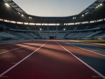 Eine leere, moderne Laufbahn in einem Sportstadion in der Dämmerung mit weichem, filmischem Licht. - Foto: über boerse-global.de
