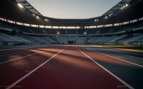 Eine leere, moderne Laufbahn in einem Sportstadion in der Dämmerung mit weichem, filmischem Licht. - Foto: über boerse-global.de