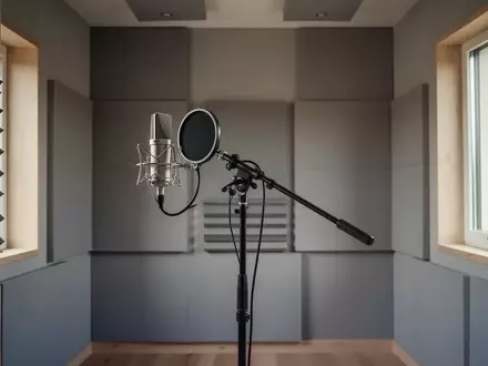 Ein minimalistisches, schallgedämmtes Tonstudio mit einem professionellen Mikrofonständer in einer ruhigen, hellen Umgebung. - Foto: über boerse-global.de
