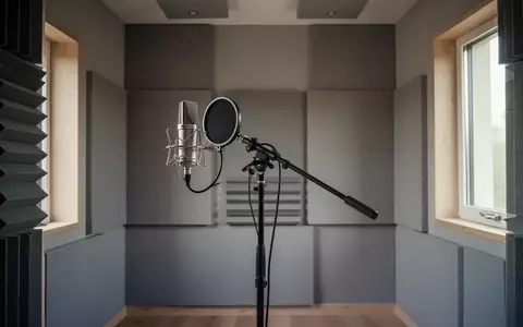 Ein minimalistisches, schallgedämmtes Tonstudio mit einem professionellen Mikrofonständer in einer ruhigen, hellen Umgebung. - Foto: über boerse-global.de