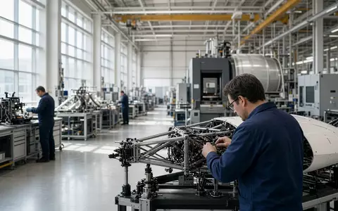 Moderne Fertigungshalle für Luft- und Raumfahrttechnik mit Technikern bei der Arbeit an Drohnenkomponenten. - Foto: über boerse-global.de